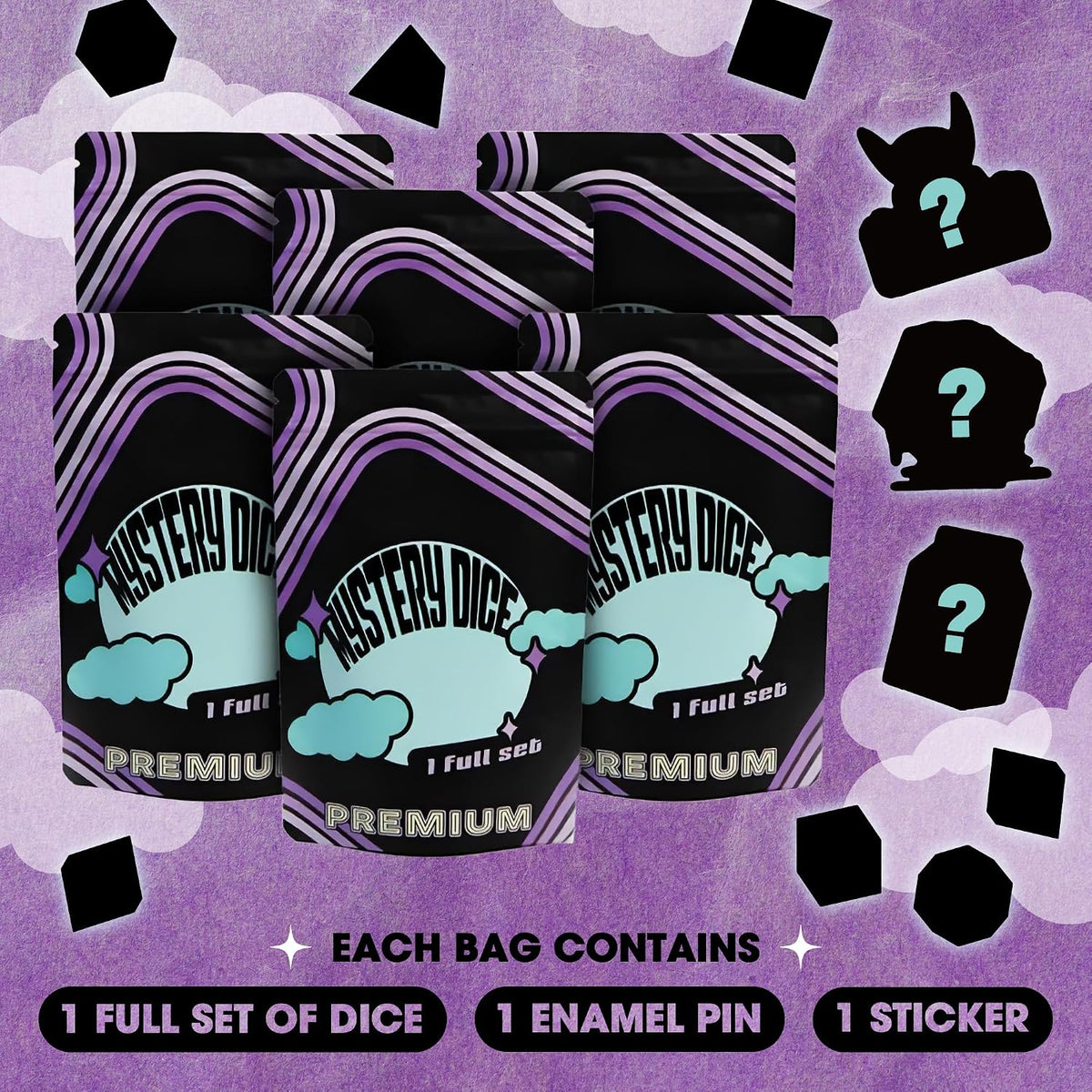 Dice: Mystery Dice Bag (Includes 6 Full Sets, 6 Pins, 6 Stickers)