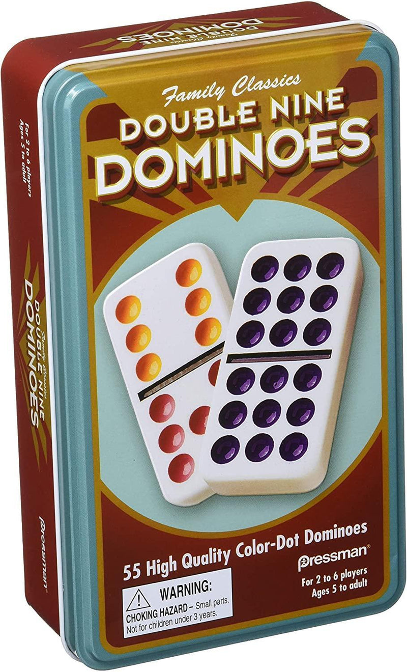Pressman - Double Nine Colored Dominoes In Tin Storage Box