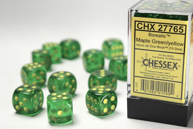 Chessex - Borealis 16mm D6 Dice Block (12 dice) [Choose A Color]