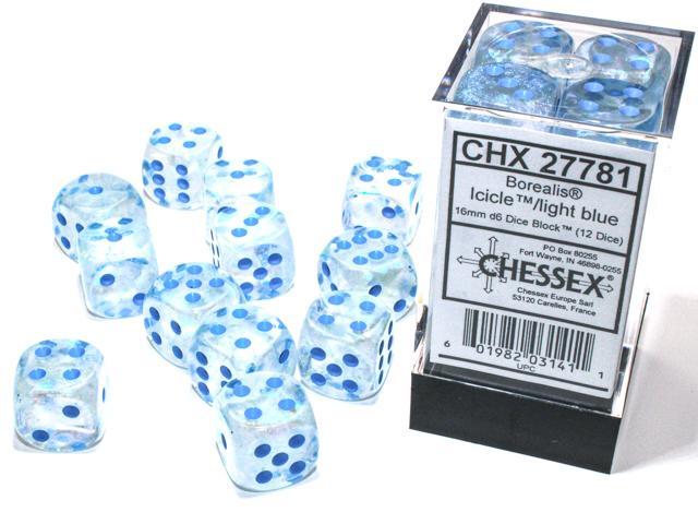 Chessex - Borealis 16mm D6 Dice Block (12 dice) [Choose A Color]