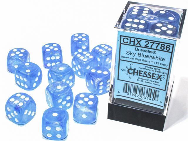 Chessex - Borealis 16mm D6 Dice Block (12 dice) [Choose A Color]